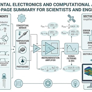 以下が含まれることがあります： 科学者やエンジニア向けの、基本的な電子工学と計算分析を詳述した1ページの要約図。コアコンポーネント、回路、信号調整、データ分析、方程式と図が含まれています。