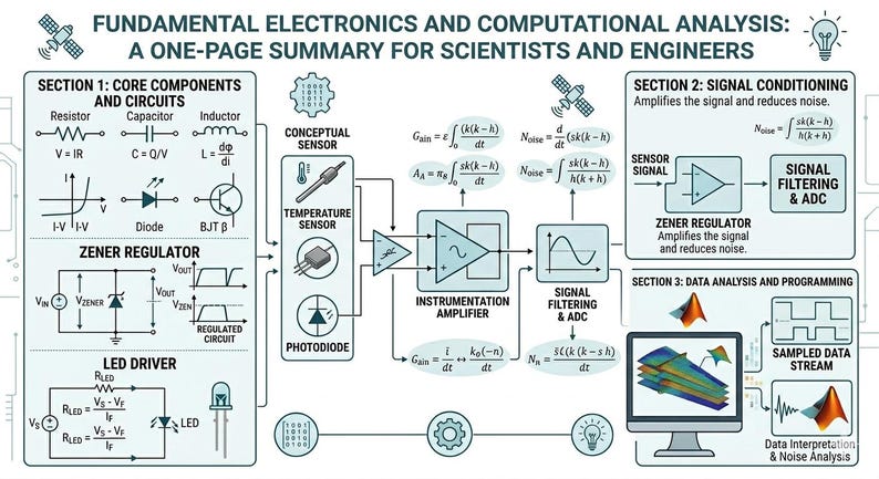 以下が含まれることがあります： 科学者やエンジニア向けの、基本的な電子工学と計算分析を詳述した1ページの要約図。コアコンポーネント、回路、信号調整、データ分析、方程式と図が含まれています。