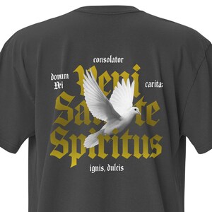 Camiseta com letras antigas, camiseta com palavras católicas em latim, camiseta com estampa ousada, camiseta com estampa do Espírito Santo, camiseta gospel