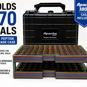May include: A black Apache 1800 hard-shell carrying case with a handle and a multi-coloured rainbow-striped storage insert featuring two removable trays designed to hold 170 3ml vials. The text on the image reads HOLDS 170 VIALS, 3ML PEPTIDE STORAGE CASE, Apache 1800, and Apache 1800 CASE INCLUDED.