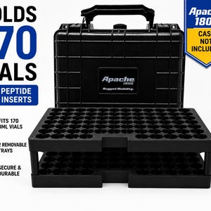 May include: A black storage case with two removable black trays designed to hold 170 3ml peptide vials. The case features the text Apache 1800 Rugged Mobility. The image includes text stating it holds 170 vials and that the case is not included.