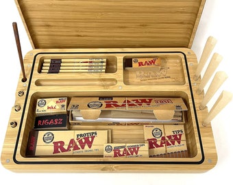 RAW SPIRIT BOX - Wooden Rolling Tray Box with Cones, Papers and Tips Set