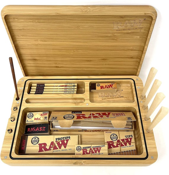 RAW SPIRIT BOX Wooden Rolling Tray Box With Cones, Papers and Tips Set 