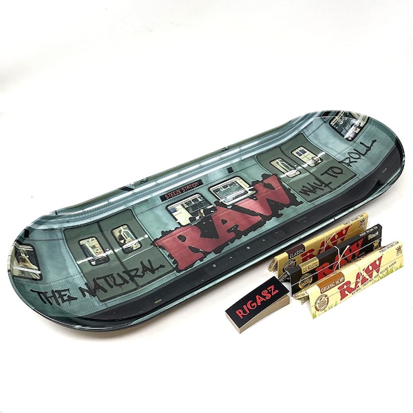 Rare RAW Metal Skate Deck Rolling Tray - Graffiti  with 3pack KS Slim Rolling Papers