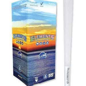 May include: A box of Elements ultra-thin rice cones with a sunset design and the text "Elements" and "Cone". A single white cone is displayed next to the box. The box contains 800 cones.