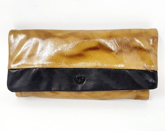 tobacco pouch Honey Mustard made of pre-cut leather scraps, textured, printed