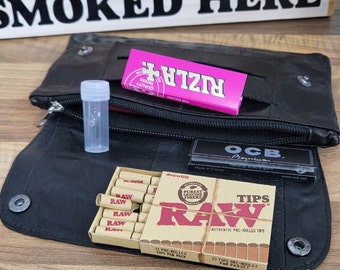 Bolsa de tabaco de liar hecha con restos de cuero/bolso de cuero con un pequeño kit esencial