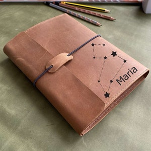 Handmade Leather Sketchbook Cover, Personalized Sketch Pad Case for Artist, Zodiac Sign Gift, Traveler&#39;s Leather Drawing Sketchbook Cover