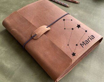 Couverture de carnet de croquis en cuir faite main : cadeau signe du zodiaque personnalisé