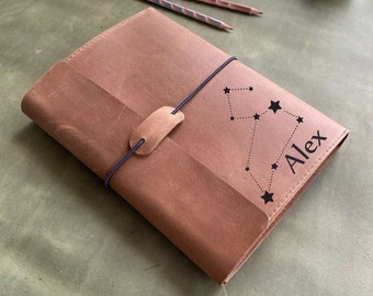 Couverture de carnet de croquis en cuir faite main : cadeaux Balance, cadeau personnalisé signe du zodiaque
