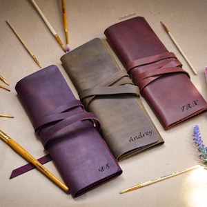 Astuccio per pennelli per artisti, Rotolo per pennelli in pelle, Astuccio per pennelli personalizzato, Porta pennelli, Regalo personalizzato per pittore, Regalo di Natale