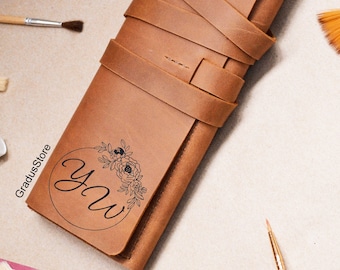 Rouleau de pinceaux en cuir personnalisé : étui pour pinceaux d'artiste, organiseur de voyage