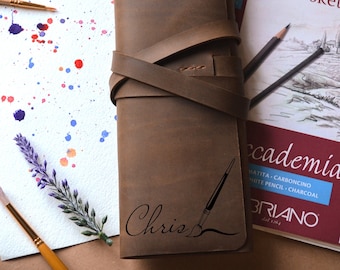 Rouleau de pinceaux en cuir personnalisé : étui de voyage pour pinceaux d'artiste, cadeau de Noël