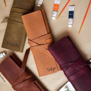 Leather personalized holder for brushes, leather craft tools, custom makeup brush roll, paint brush roll, case for art brushes