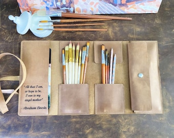 Rouleau de pinceaux en cuir fait main : grand étui d'artiste personnalisé