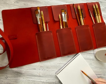 Porte-pinceaux d'artiste en cuir personnalisé : organiseur de voyage fait main pour peintres