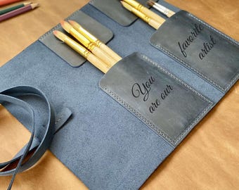 Rouleau brosse en cuir pleine fleur fait main : trousse d'artiste personnalisée