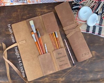 Engraved Leather Brush Roll: Personalized Artist Pencil Case