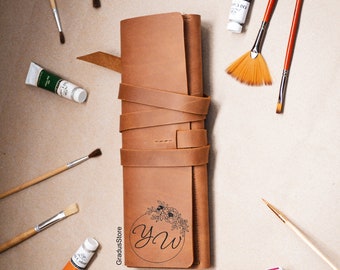 Étui à brosses en cuir - Support d'artiste floral personnalisé