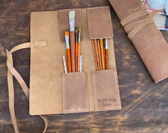 Personalized Leather Big Brush Roll: Artist Travel Case, Holds 14-inch Brushes