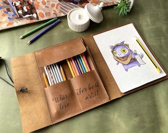 Couverture de carnet de croquis en cuir personnalisée : portfolio d'artiste A5, gravure personnalisée