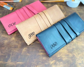 Rouleau de pinceaux en cuir personnalisé : étui d'artiste pour pinceaux fabriqué à la main