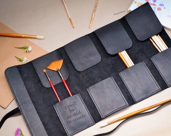 Leather Brush Roll, Custom Gift for Art Student, Paint Brush