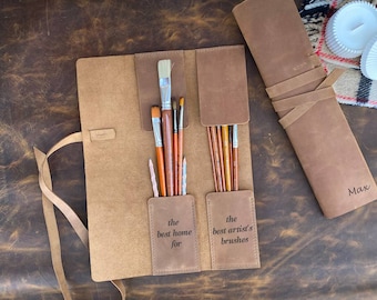 Personalized Leather Brush Roll: Artist Tool Big Case, Holds 14-inch Brushes