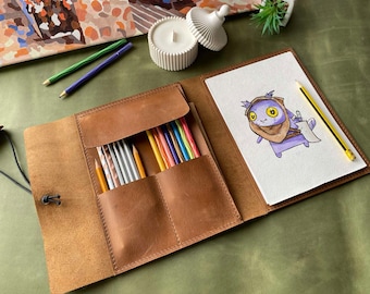 Couverture de carnet de croquis en cuir faite main : étui personnalisé pour bloc-notes A5