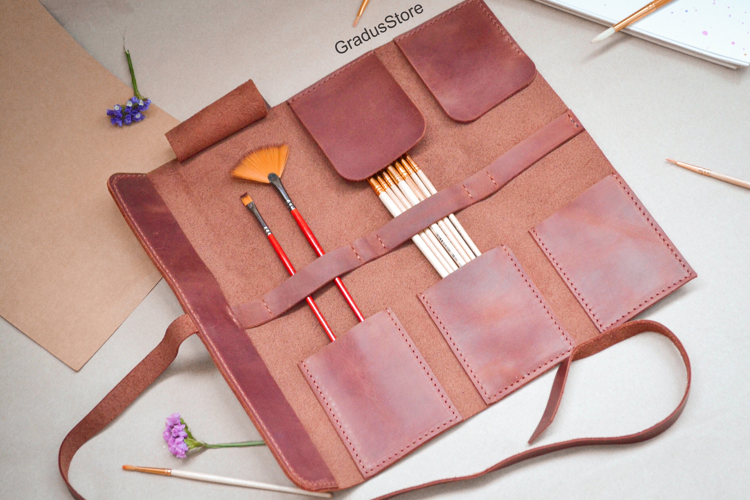 Gift for artist Brush holder Leather paint brush roll Etsy