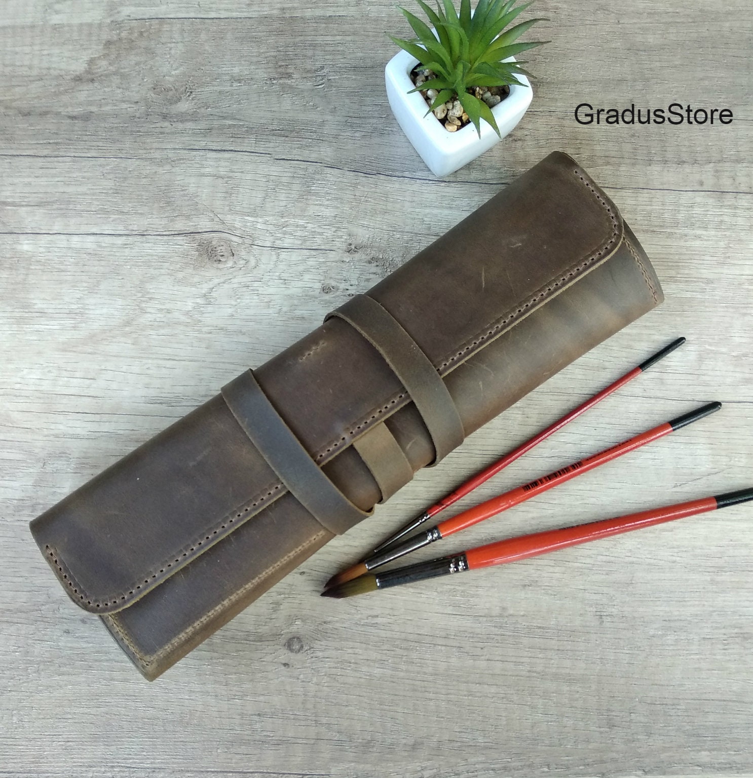 Leather Paint Brush Holder Leather Pencil Roll Case Etsy