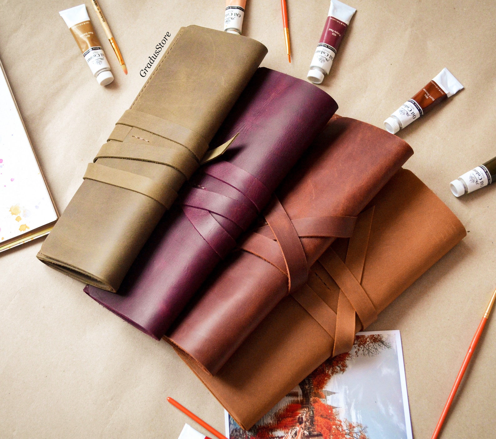 Leather Brush Roll Art Roll Leather Paint Brush Holder Gift Etsy