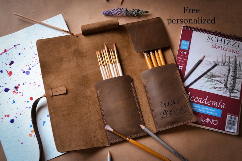 Personalized Leather Paint Brush Roll: Artist Travel Case image 1