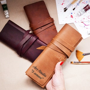 Estuche de cuero para pinceles, regalo de Navidad personalizado para estudiantes de arte, soporte para pinceles, estuche para pinceles, soporte de cuero personalizado para pinceles
