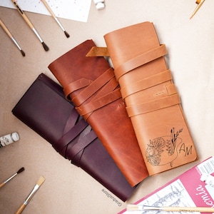 Estuche para pinceles para artistas, Estuche de cuero para pinceles, Estuche personalizado para pinceles, Porta pinceles con paleta, Regalo personalizado para pintores