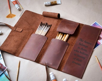 Rouleau de pinceaux en cuir personnalisé : organiseur de pinceaux de voyage, cadeau de Noël pour artiste