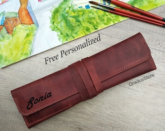 Rouleau de brosse en cuir personnalisé : organiseur d'outils d'artiste fait main