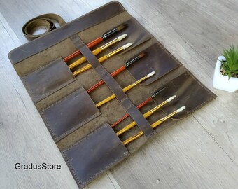Personalisierte Leder Pinselrolle: Künstlerwerkzeug & Federmäppchen, Handgemachter Reise Organizer für Pinsel