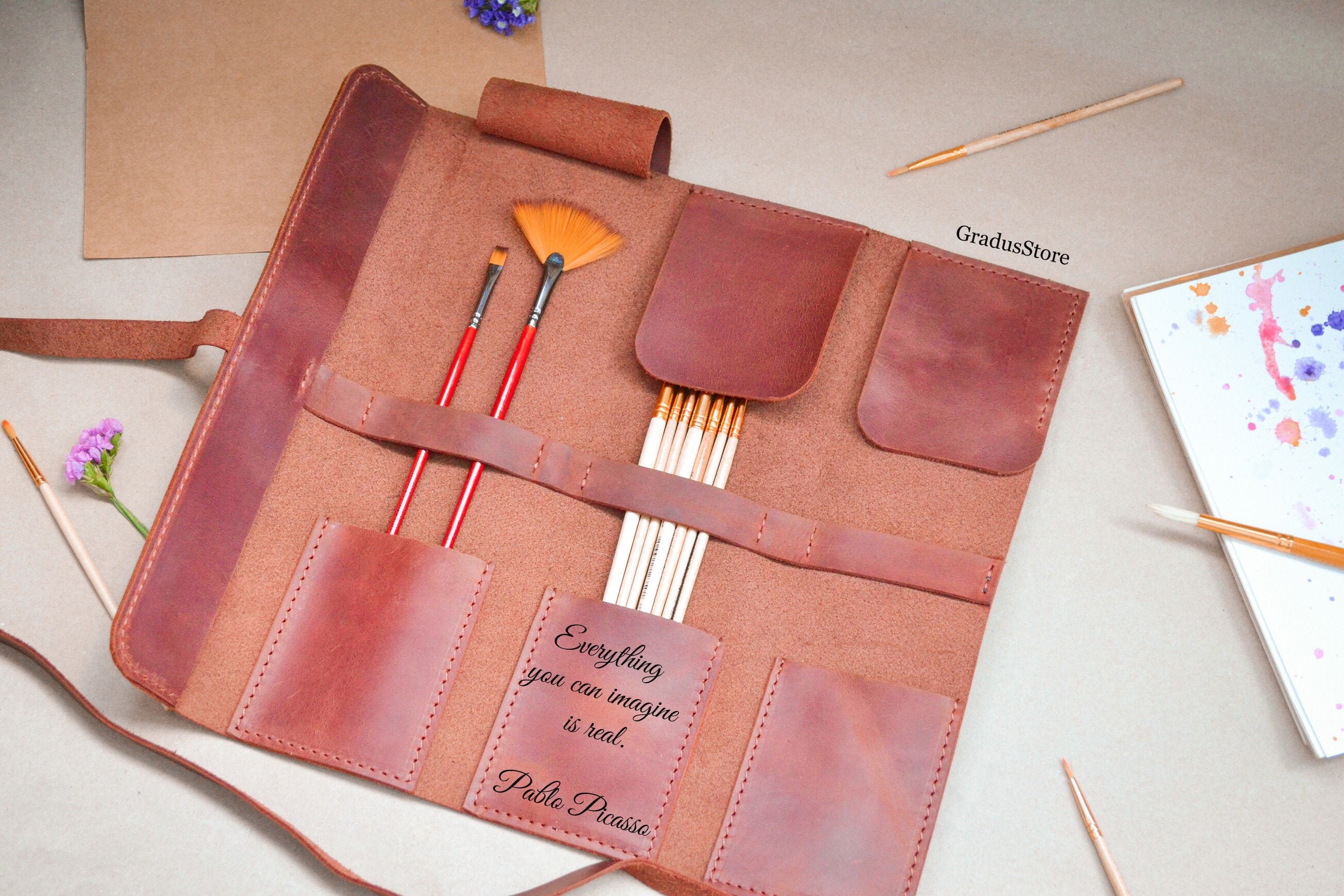 Gift for artist Brush holder Leather paint brush roll Etsy
