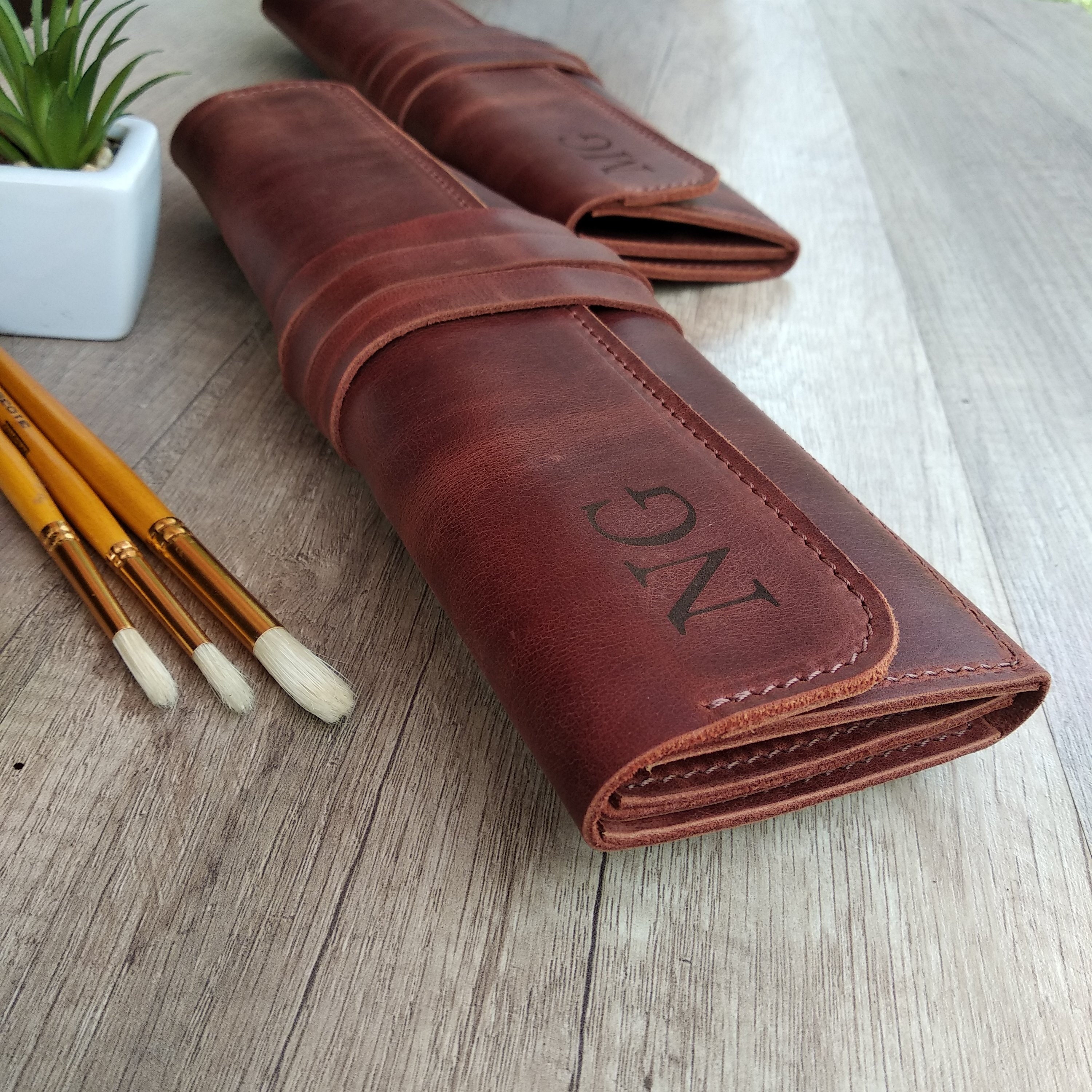 Leather Paint Brush Holder Leather Pencil Roll Case Etsy