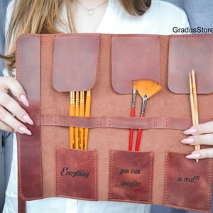 Paint brush case for artist, Personalized Brush pouch, Paint brush holder, Custom Gift for painter, Leather paint brush roll, Christmas Gift