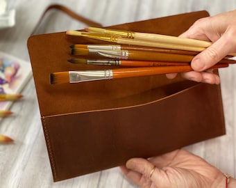 Étui de voyage personnalisé en cuir pour peintre, porte-pinceau personnalisé