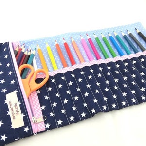 Pen roll/pencil case stars navy blue pink