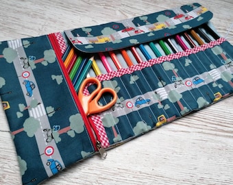 Pencil roll/pencil case cars blue