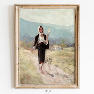 Peasant Girl Oil Painting Wall Art Digital Vintage Wall Art Peasant Woman with Distaff Rural Life Countryside landscape small town village
