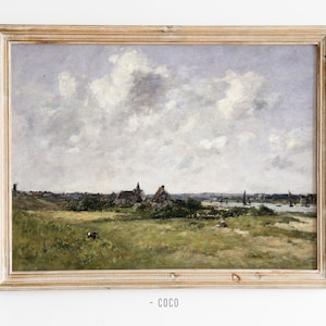 Sanddünen Landschaft Ölgemälde Wandkunst digitale Vintage Wandkunst Canches Flusslandschaft Flussufer ländlichen Meer Wolken Boote Segel Wandkunst