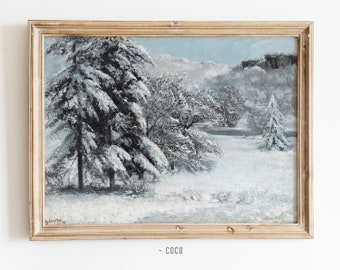 Pine Trees in Snow oil painting wall art digital vintage wall art mountain in winter white snow white meadow white vintage Chritsmas moutain