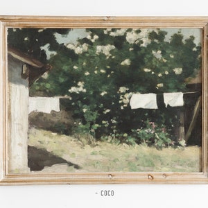 Courtyard Laundry Oil Painting wall art vintage digital wall art In the back of the courtyard countryside scene vintage Courtyard flowers