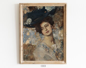 A Lady and Flowers in Garden Oil Painting Wall Art Vintage Digital Wall Art Woman Portrait noblewoman portrait wooden fence lady with a hat