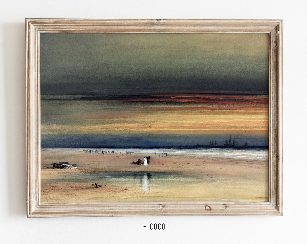 Beach Scene at Sunset Oil Painting Wall Art Digital Vintage Wall Art ...